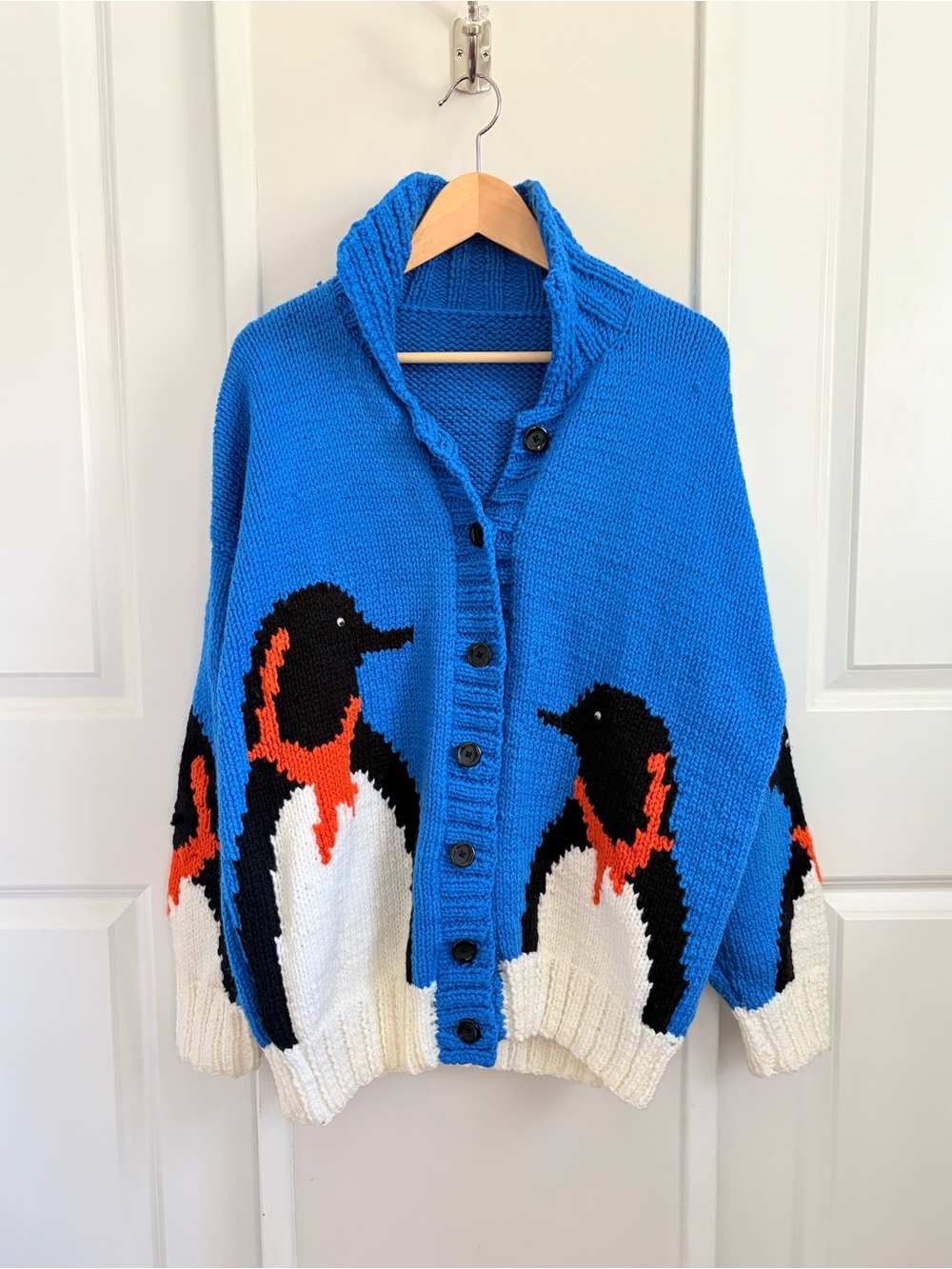 Handmade Vintage Penguin Intarsia Cardigan Googly Eyes L/XL